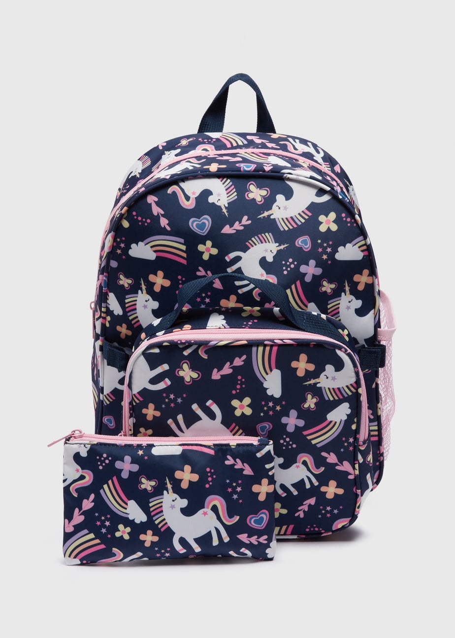 Kids 3 Piece Navy Unicorn Backpack Set