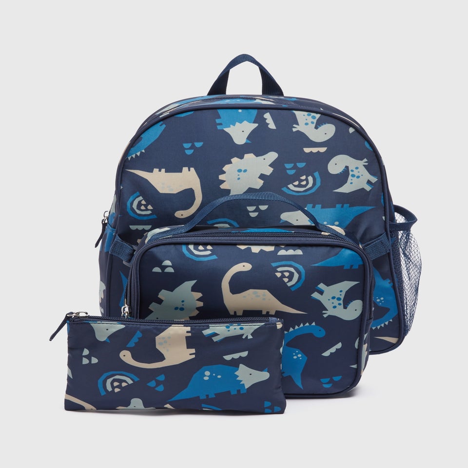 Kids 3 Piece Navy Dinosaur Backpack Set