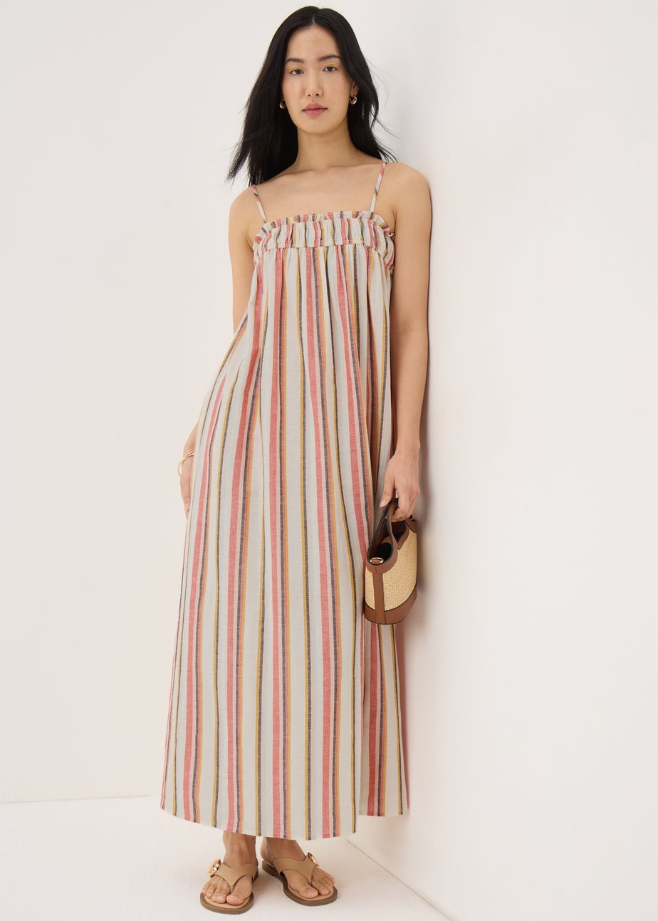 Stone Linen Blend Stripe Trapeze Cami Maxi Dress