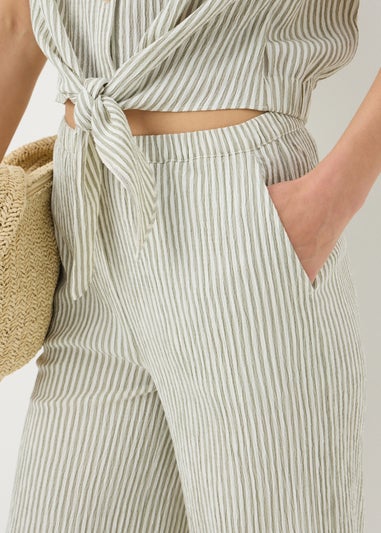 Sage Green Seersucker Stripe Wide Leg Trousers