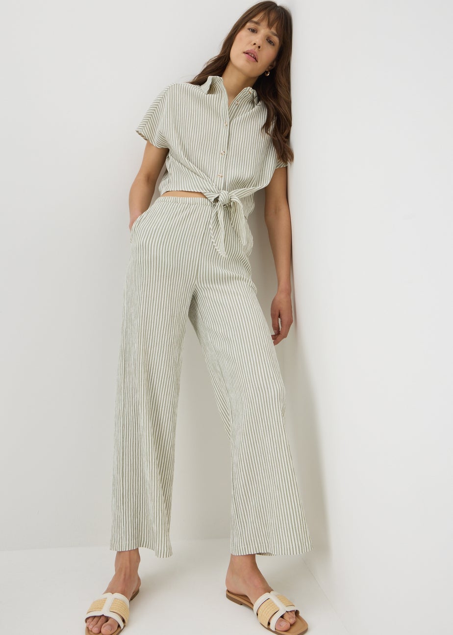 Sage Green Seersucker Stripe Wide Leg Trousers