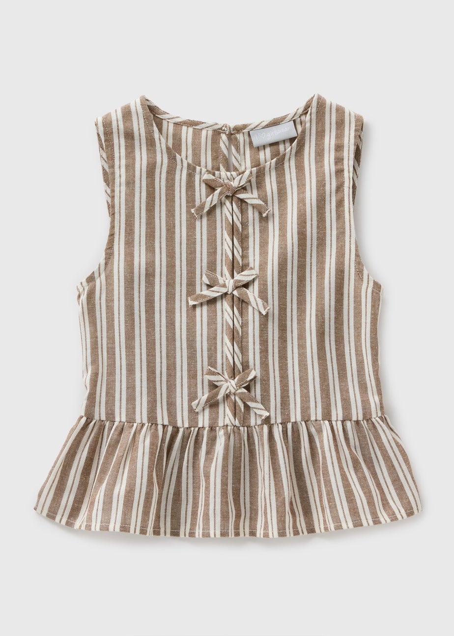 Girls Brown Stripe Tie Front Top (7-15yrs)