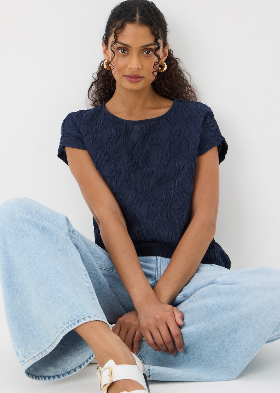 Navy Wavy Textured Crew Neck T-Shirt