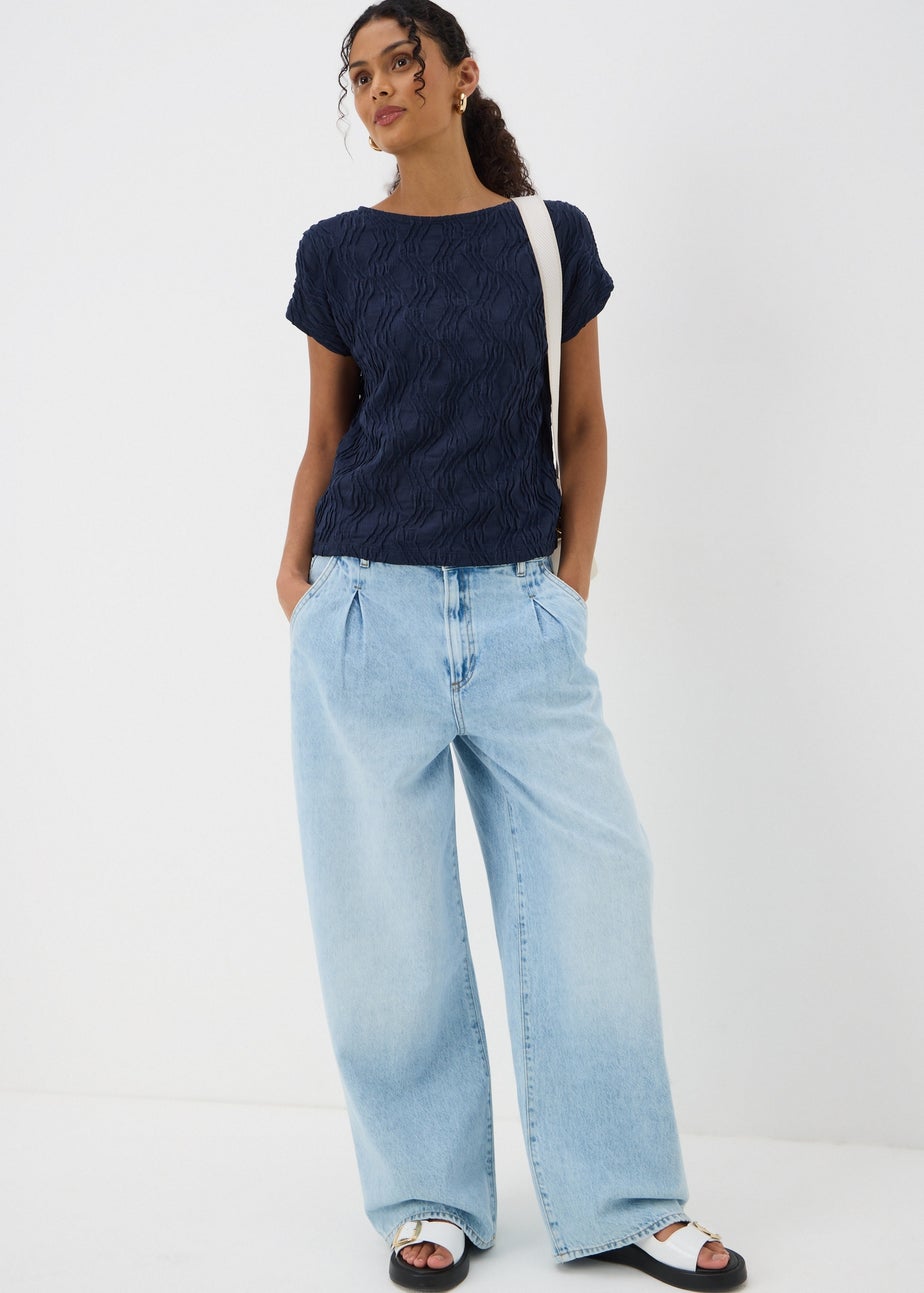 Navy Wavy Textured Crew Neck T-Shirt