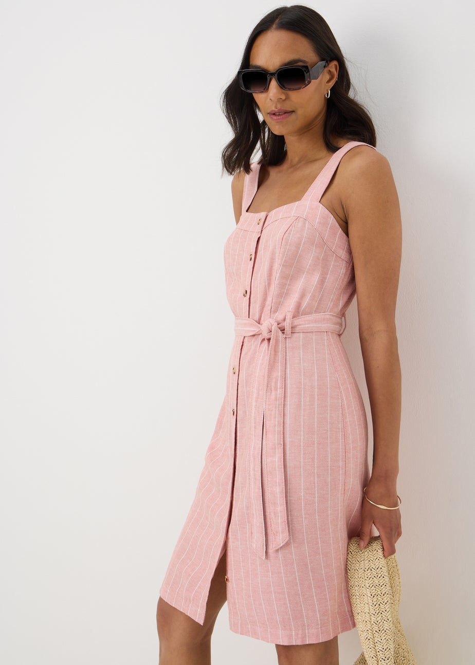 Pink Stripe Linen Blend Belted Mini Dress