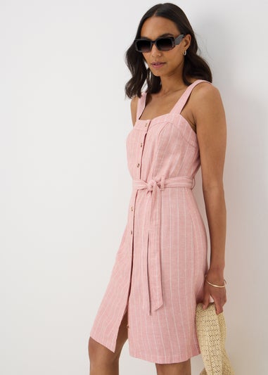 Pink Stripe Linen Blend Belted Mini Dress