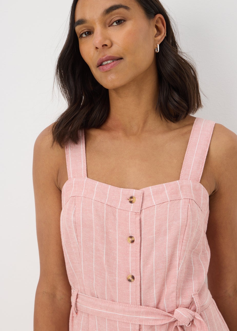 Pink Stripe Linen Blend Belted Mini Dress