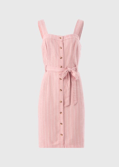 Pink Stripe Linen Blend Belted Mini Dress