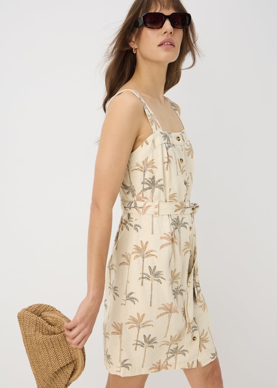 Stone Palm Print Linen Blend Dress