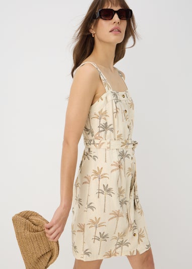 Stone Palm Print Linen Blend Dress