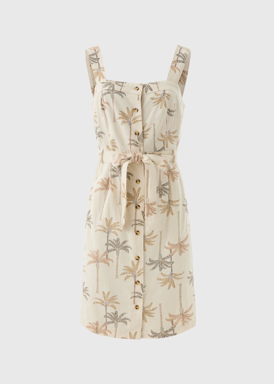 Stone Palm Print Linen Blend Dress