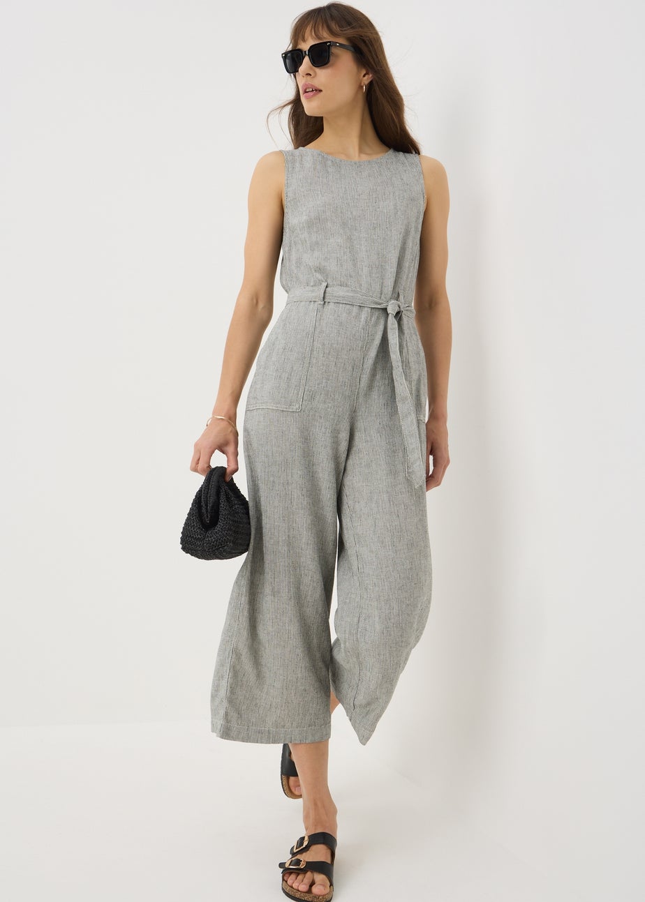 Black Linen Blend Monochrome Stripe Jumpsuit