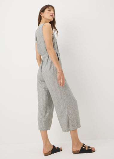 Black Linen Blend Monochrome Stripe Jumpsuit