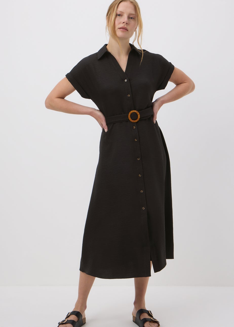 Black Midi Buckle Shirt Dress