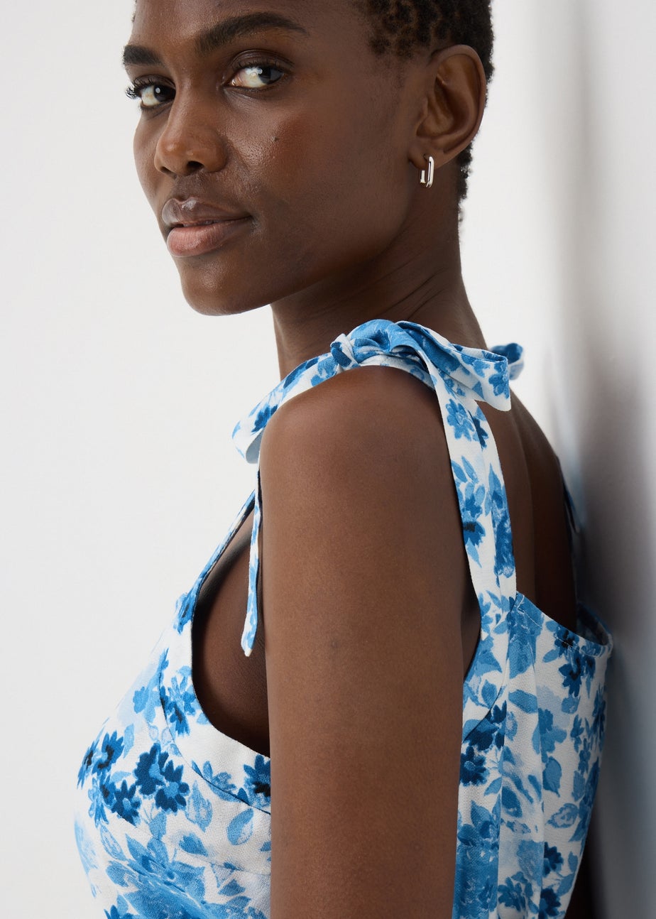 Blue Floral Tie Midi Dress