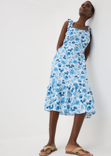 Blue Floral Tie Midi Dress