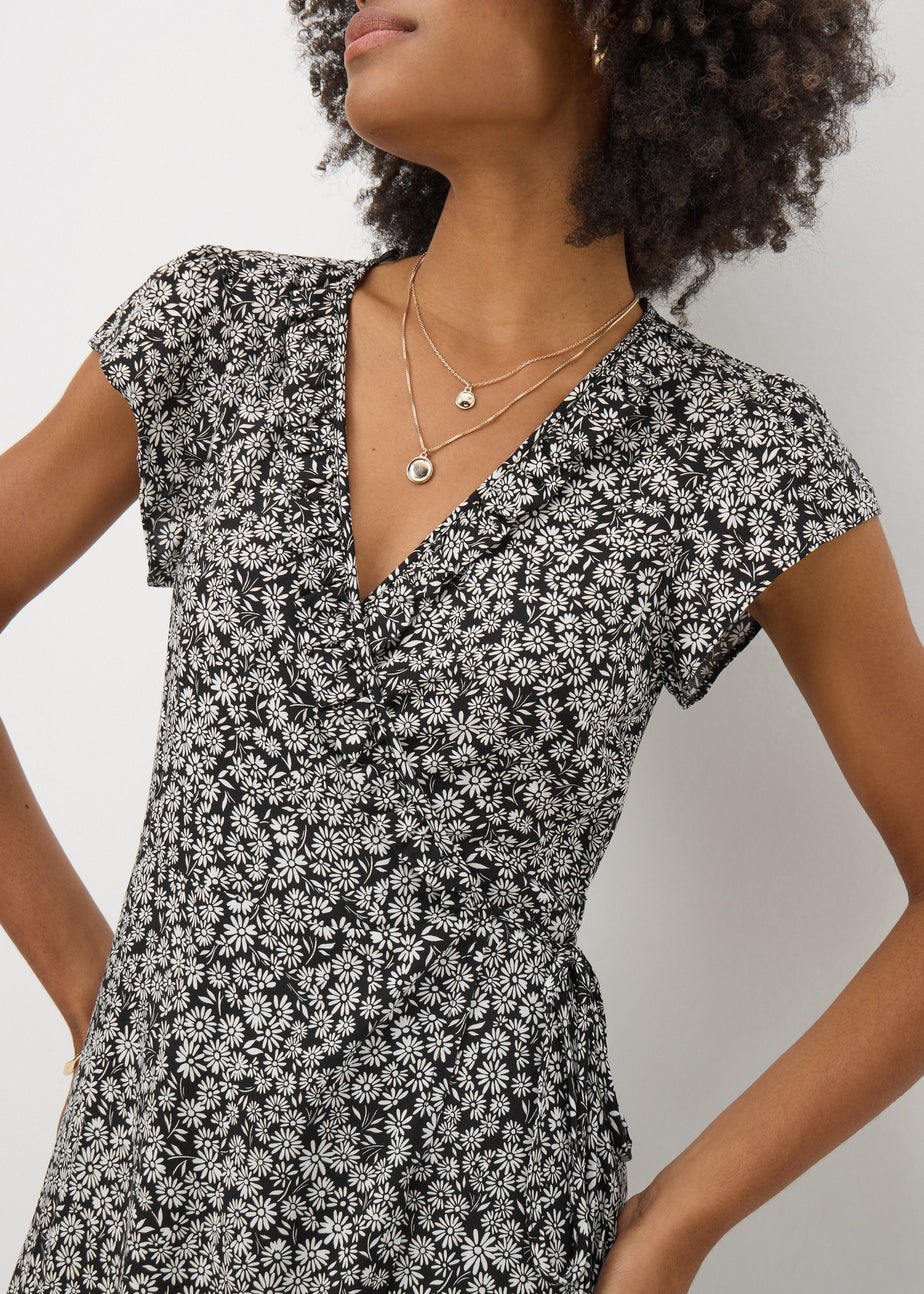 Black Floral Frill Wrap Midi Dress