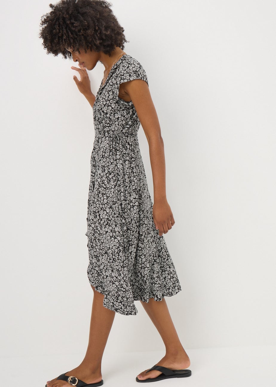 Black Floral Frill Wrap Midi Dress
