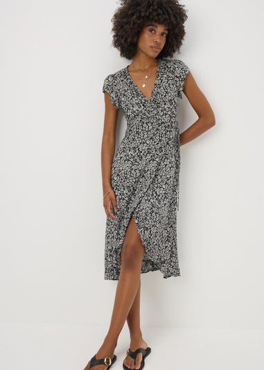 Black Floral Frill Wrap Midi Dress