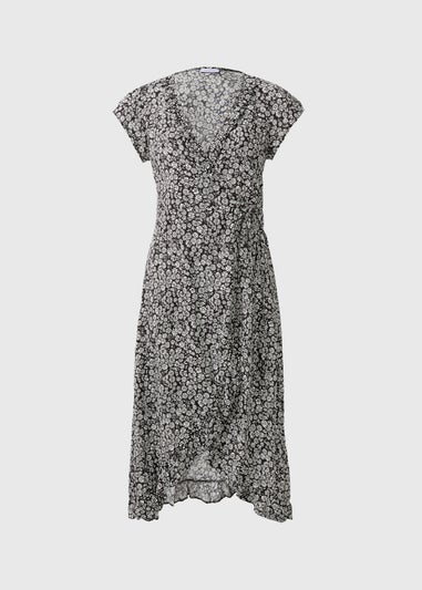 Black Floral Frill Wrap Midi Dress