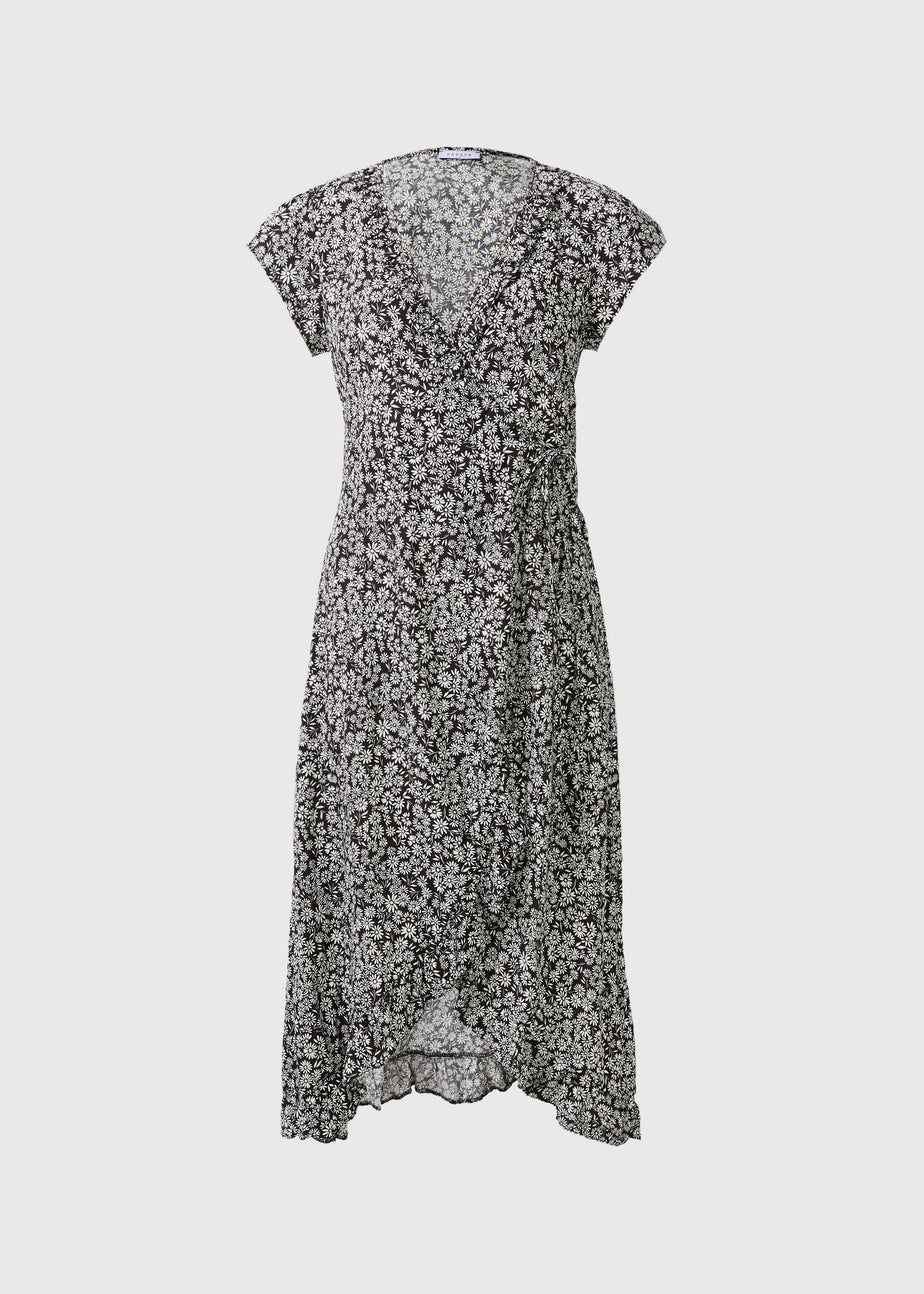 Black Floral Frill Wrap Midi Dress