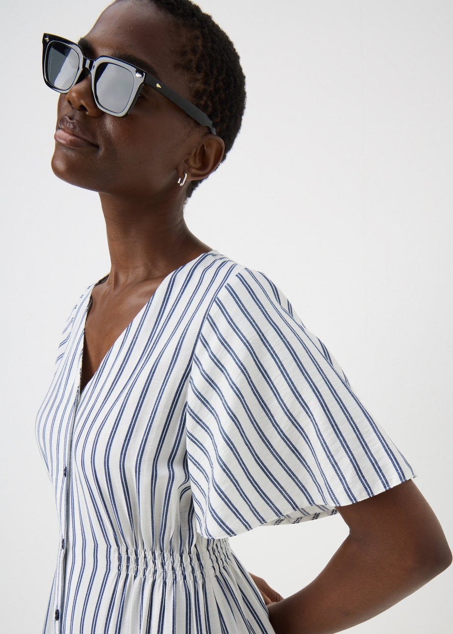 Navy Stripe Shirred Midi Dress