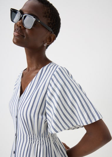 Navy Stripe Shirred Midi Dress