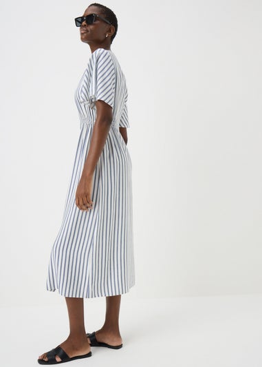 Navy Stripe Shirred Midi Dress