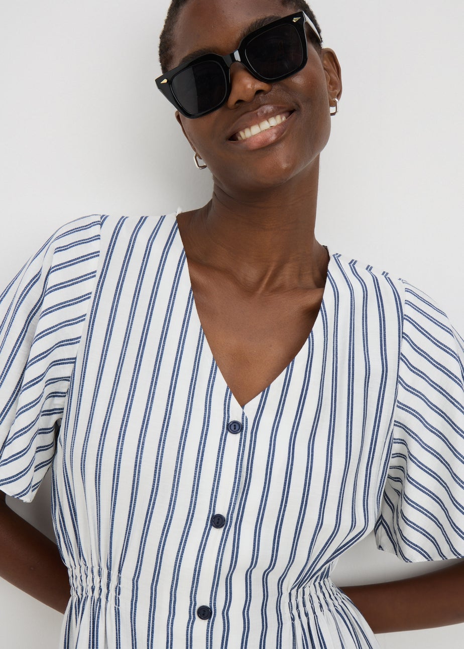 Navy Stripe Shirred Midi Dress