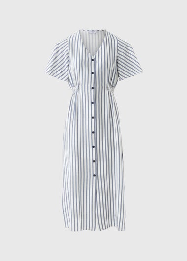 Navy Stripe Shirred Midi Dress