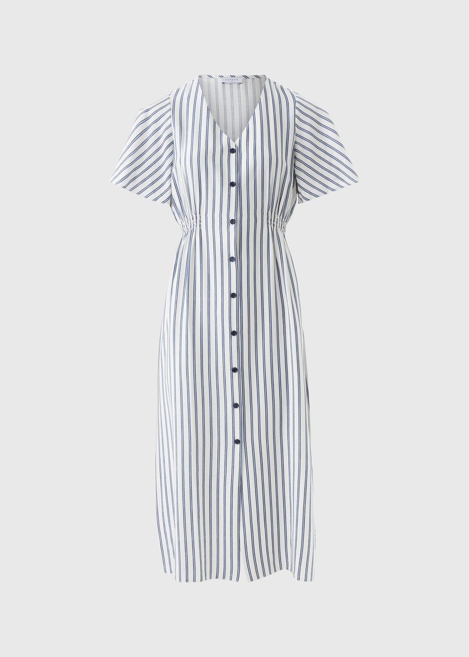 Navy Stripe Shirred Midi Dress