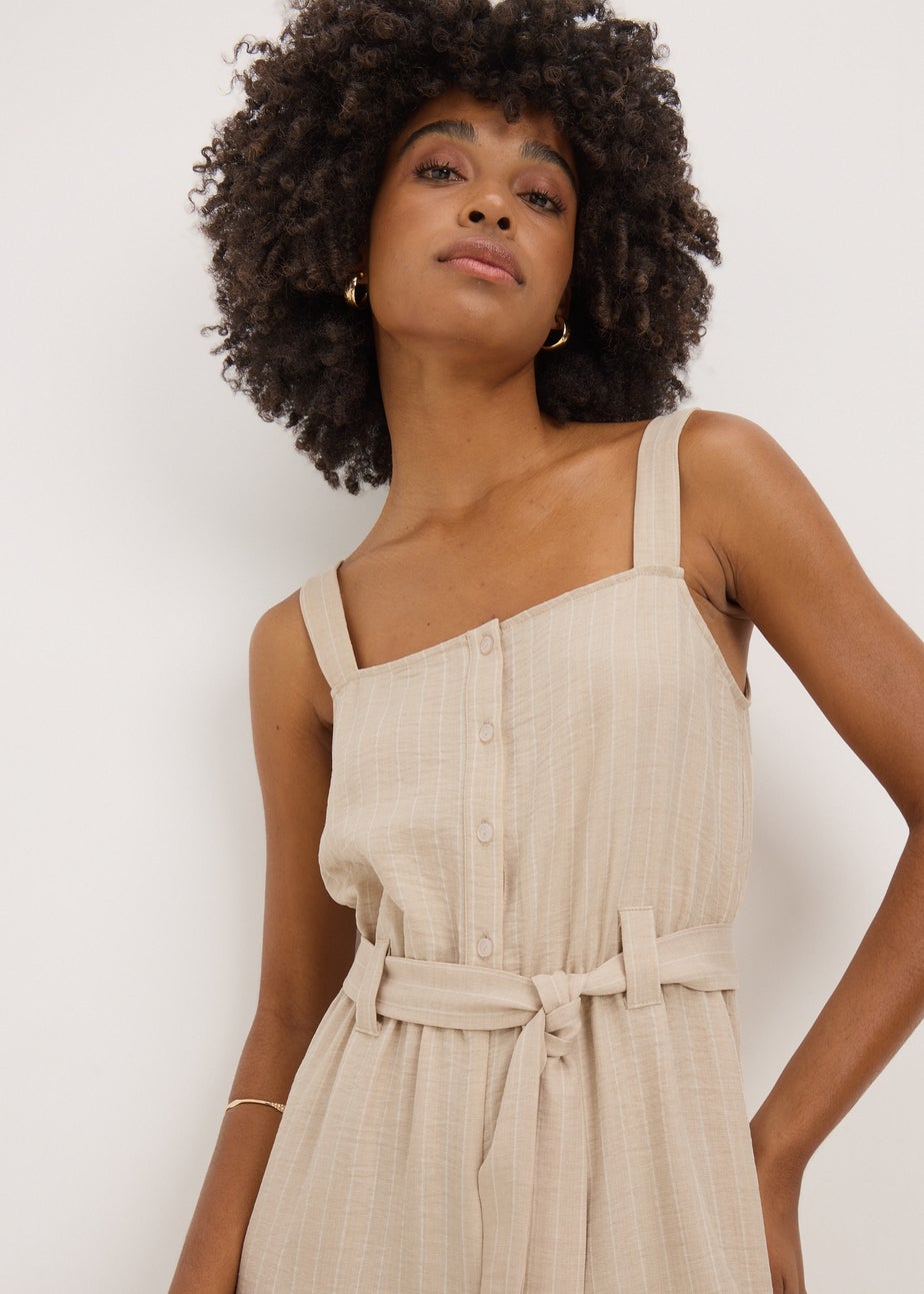 Beige Stripe Button Front Jumpsuit