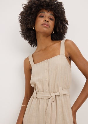 Beige Stripe Button Front Jumpsuit