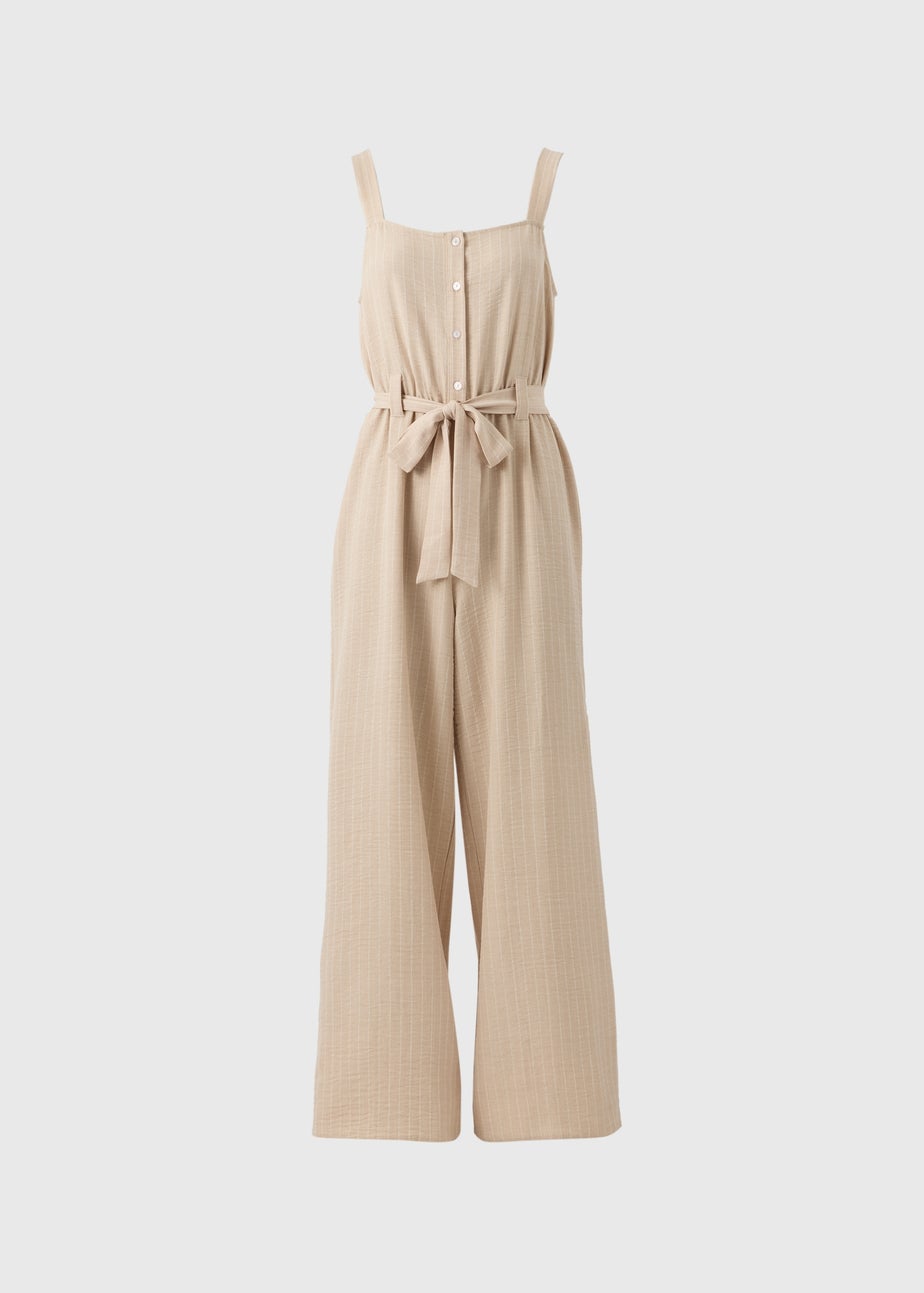 Beige Stripe Button Front Jumpsuit