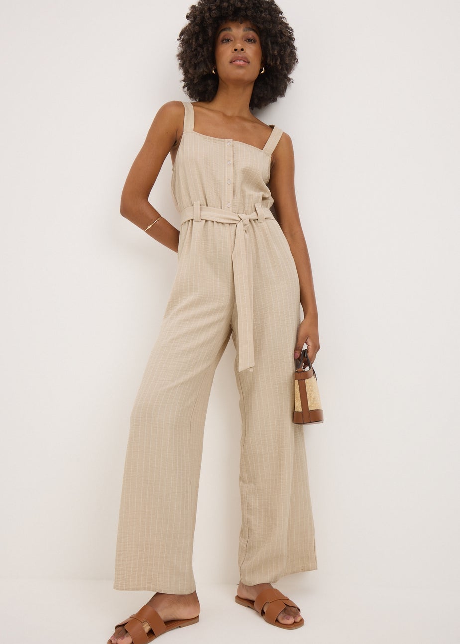 Beige Stripe Button Front Jumpsuit