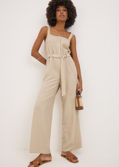 Beige Stripe Button Front Jumpsuit