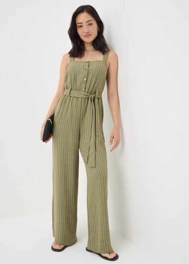 Khaki Stripe Button Front Jumpsuit