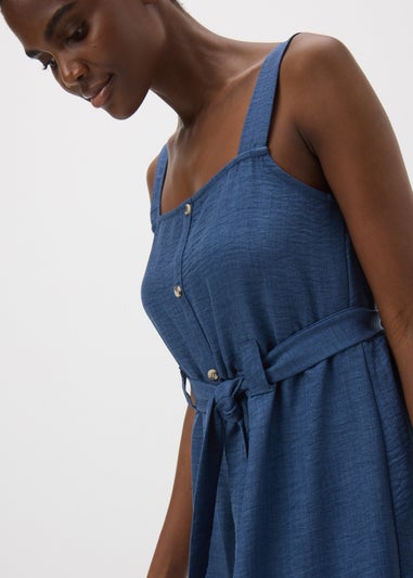 Navy Button Front Belted Square Neck Midi Dress