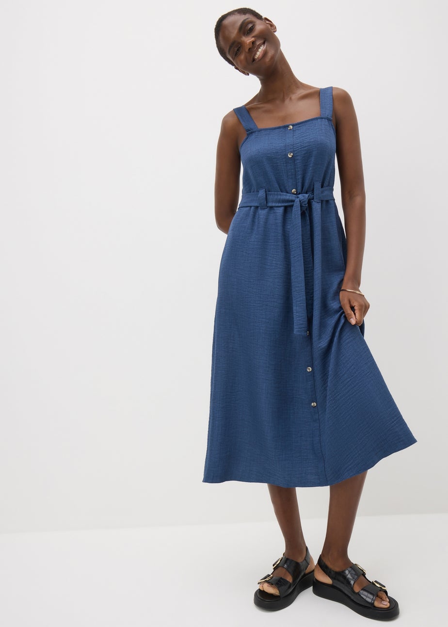 Navy Button Front Belted Square Neck Midi Dress