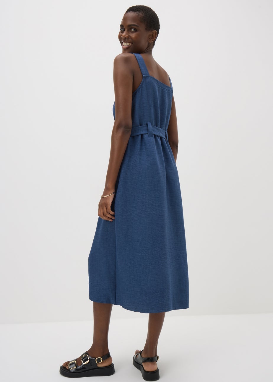 Navy Button Front Belted Square Neck Midi Dress