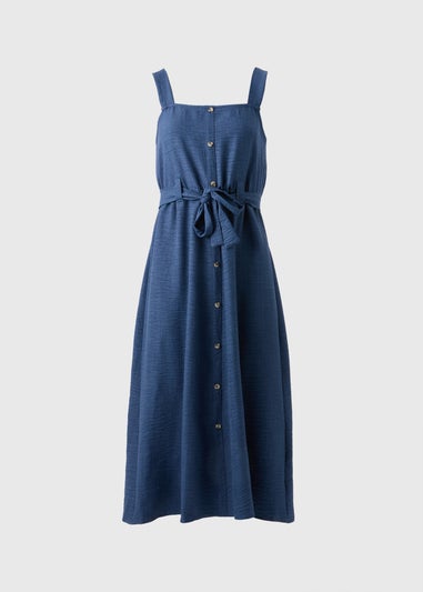 Navy Button Front Belted Square Neck Midi Dress