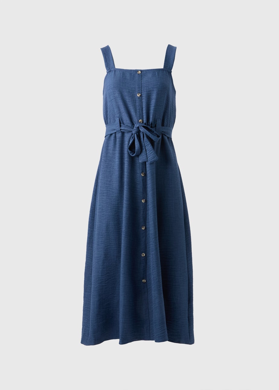Navy Button Front Belted Square Neck Midi Dress