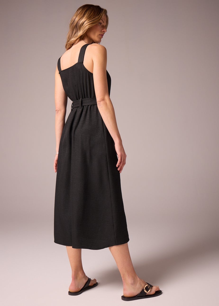 Black Square Neck Belted Midi Dress