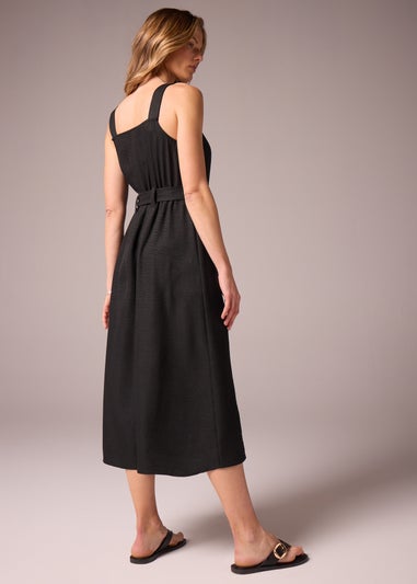 Black Square Neck Belted Midi Dress