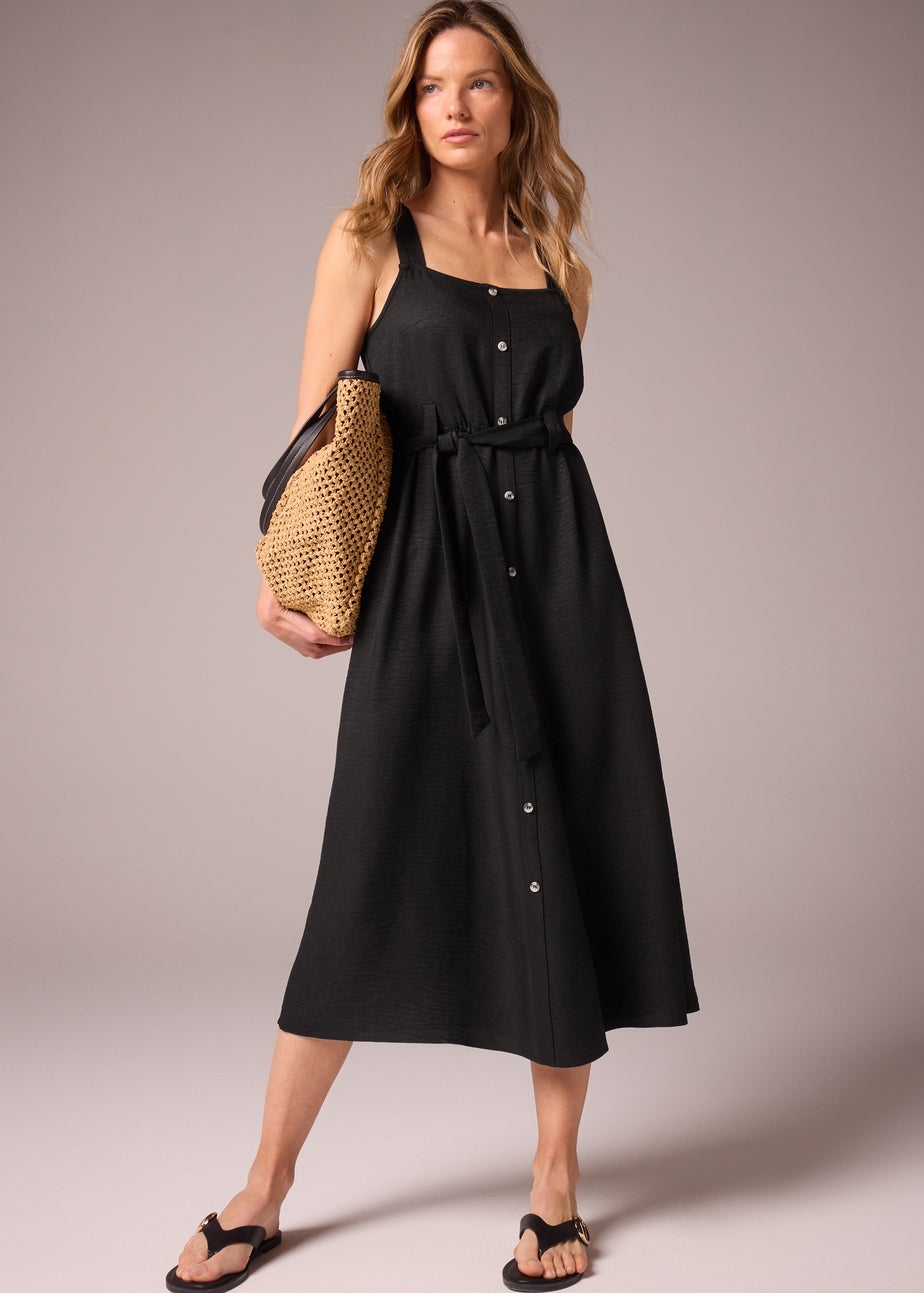 Black Square Neck Belted Midi Dress