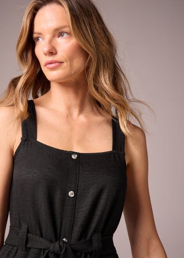 Black Square Neck Belted Midi Dress