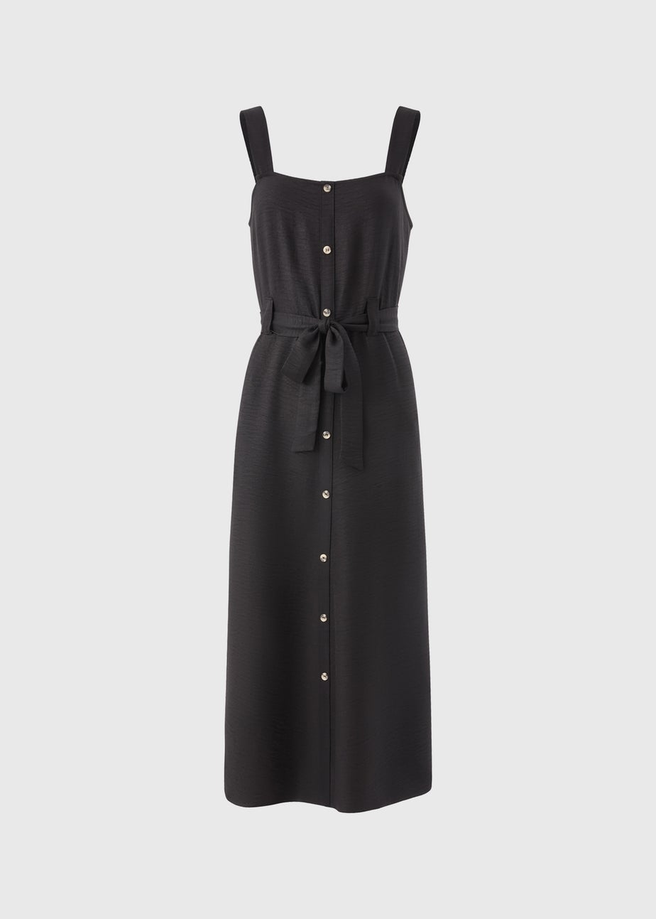 Black Square Neck Belted Midi Dress