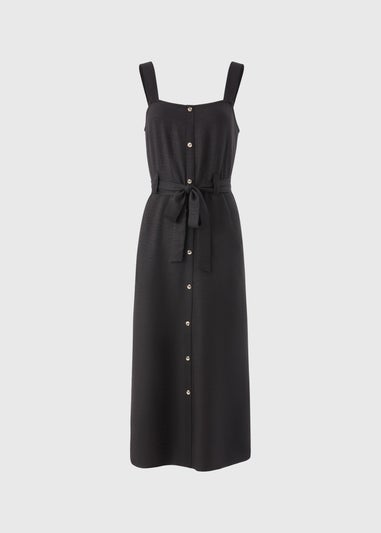 Black Square Neck Belted Midi Dress
