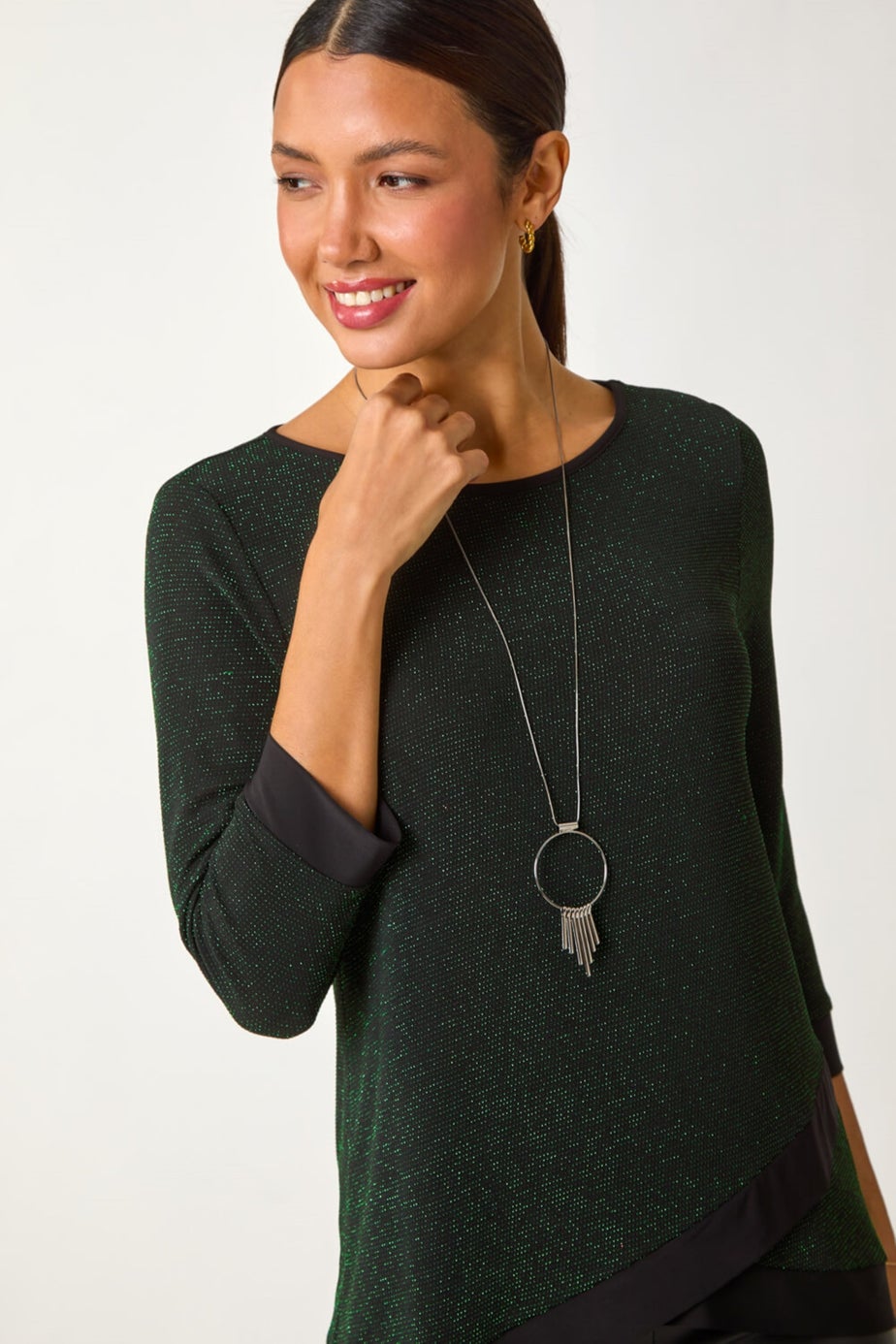 Roman Green Necklace Trim Shimmer Top