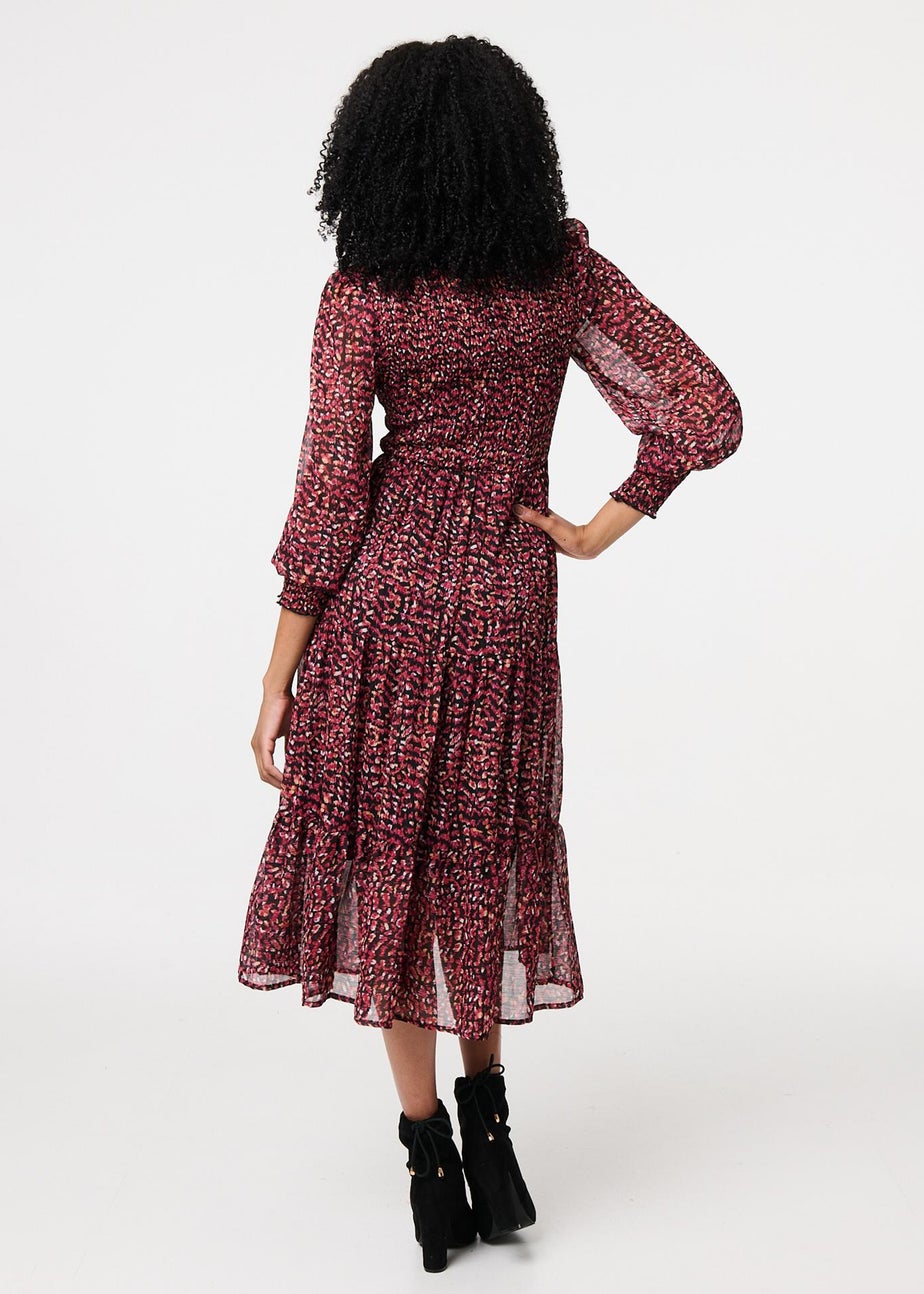 Izabel London Red Ditsy Floral Tier Puff Sleeve Midi Dress